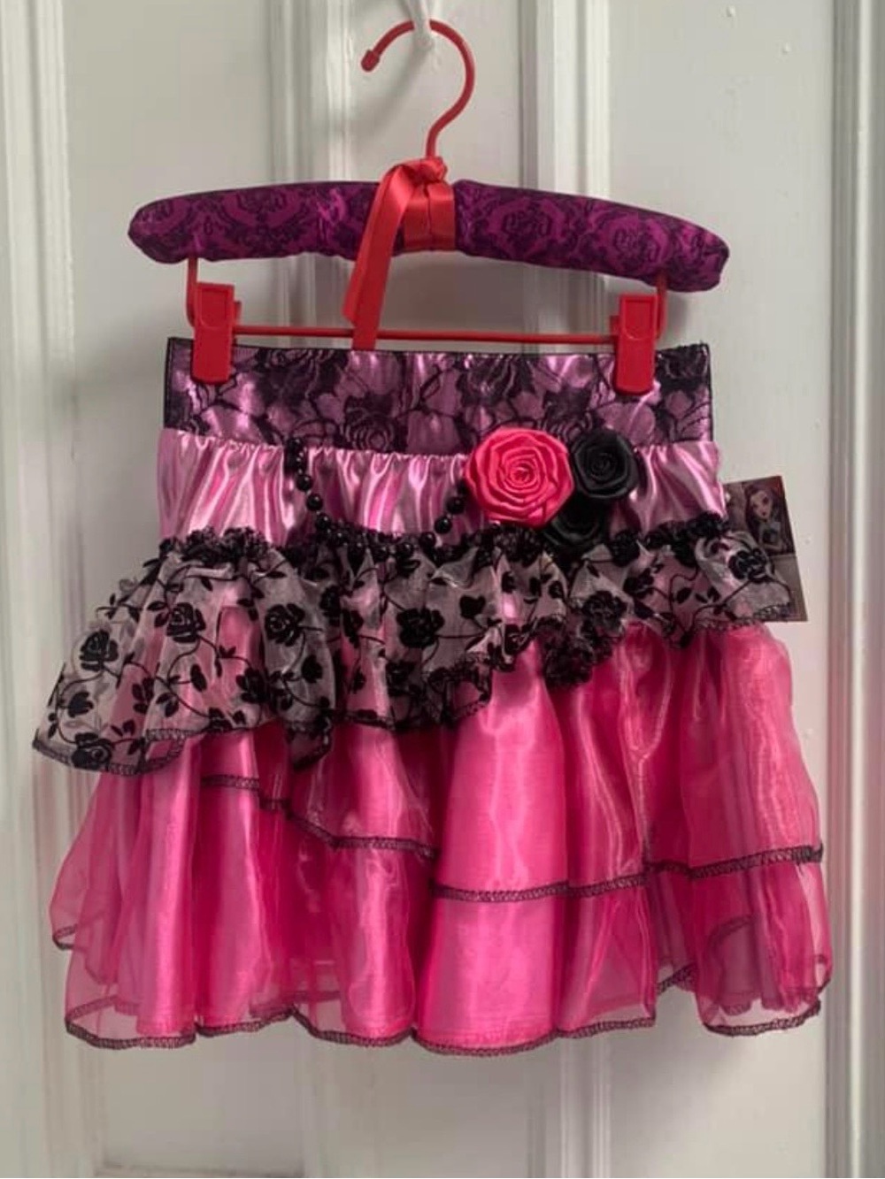 Girls Fuchsia Pink Layered Tulle Skirt with Floral Lace Trim